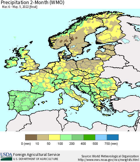 Europe Precipitation 2-Month (WMO) Thematic Map For 3/6/2022 - 5/5/2022