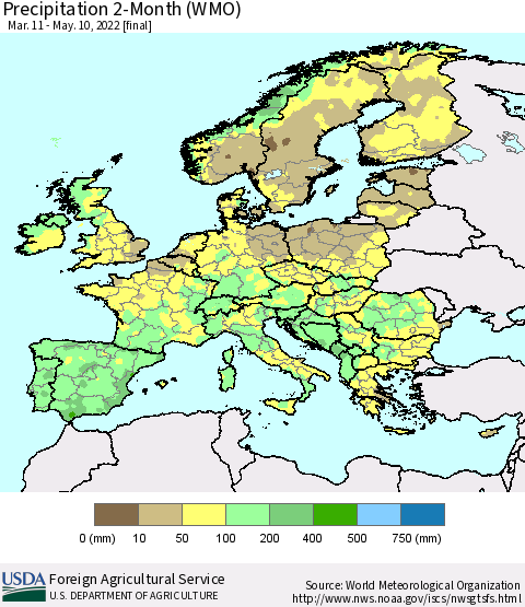 Europe Precipitation 2-Month (WMO) Thematic Map For 3/11/2022 - 5/10/2022