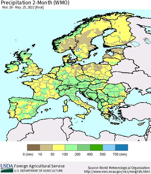 Europe Precipitation 2-Month (WMO) Thematic Map For 3/26/2022 - 5/25/2022