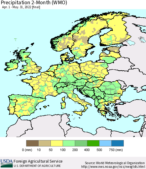 Europe Precipitation 2-Month (WMO) Thematic Map For 4/1/2022 - 5/31/2022