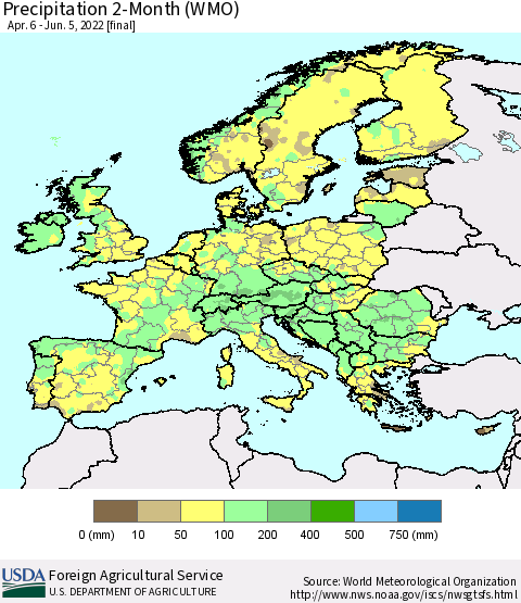Europe Precipitation 2-Month (WMO) Thematic Map For 4/6/2022 - 6/5/2022