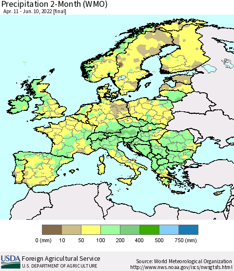 Europe Precipitation 2-Month (WMO) Thematic Map For 4/11/2022 - 6/10/2022