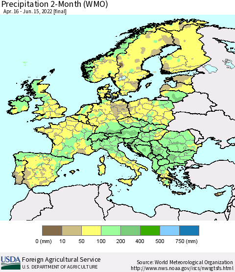 Europe Precipitation 2-Month (WMO) Thematic Map For 4/16/2022 - 6/15/2022