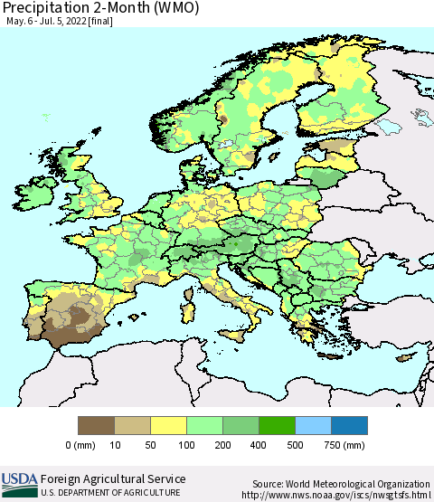Europe Precipitation 2-Month (WMO) Thematic Map For 5/6/2022 - 7/5/2022