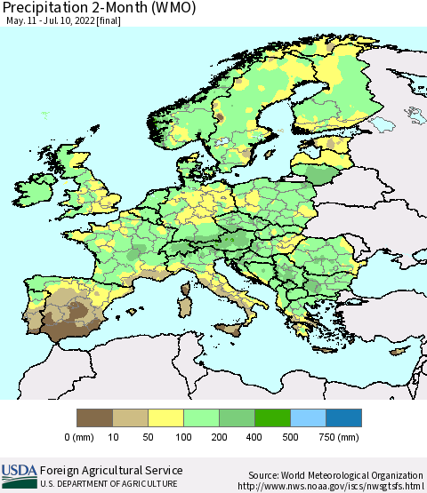 Europe Precipitation 2-Month (WMO) Thematic Map For 5/11/2022 - 7/10/2022