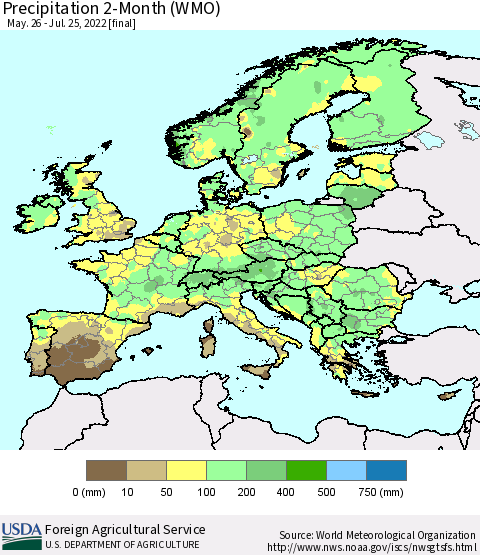 Europe Precipitation 2-Month (WMO) Thematic Map For 5/26/2022 - 7/25/2022