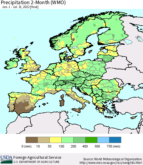 Europe Precipitation 2-Month (WMO) Thematic Map For 6/1/2022 - 7/31/2022