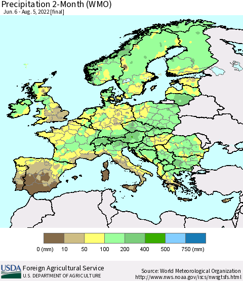 Europe Precipitation 2-Month (WMO) Thematic Map For 6/6/2022 - 8/5/2022