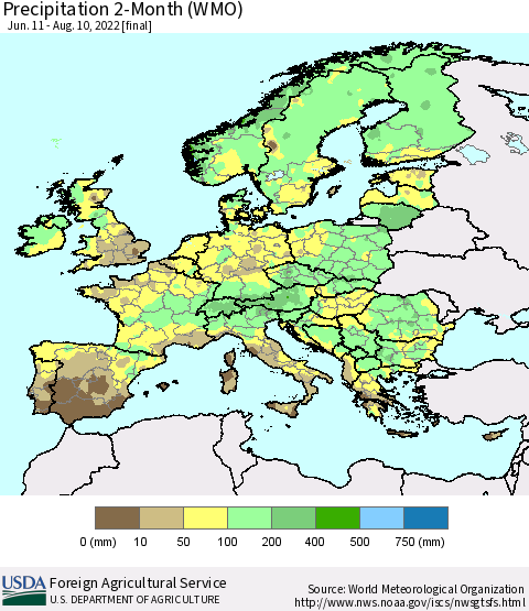 Europe Precipitation 2-Month (WMO) Thematic Map For 6/11/2022 - 8/10/2022