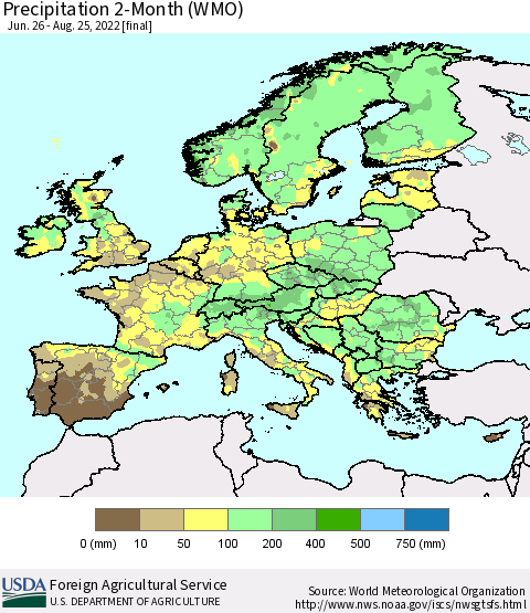 Europe Precipitation 2-Month (WMO) Thematic Map For 6/26/2022 - 8/25/2022