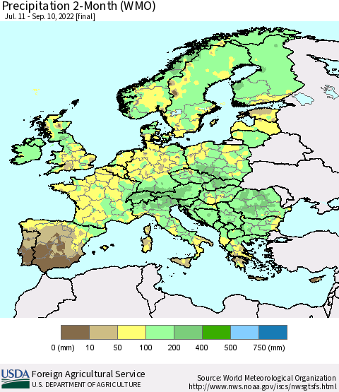 Europe Precipitation 2-Month (WMO) Thematic Map For 7/11/2022 - 9/10/2022