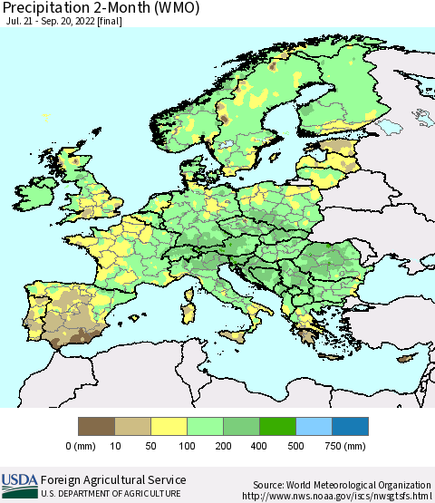 Europe Precipitation 2-Month (WMO) Thematic Map For 7/21/2022 - 9/20/2022