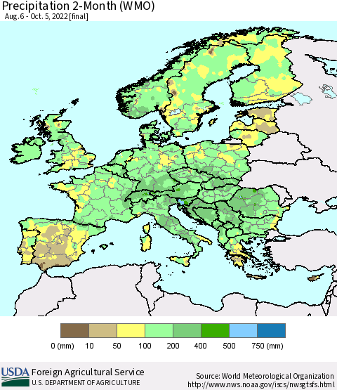 Europe Precipitation 2-Month (WMO) Thematic Map For 8/6/2022 - 10/5/2022