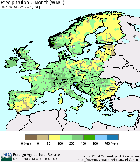 Europe Precipitation 2-Month (WMO) Thematic Map For 8/26/2022 - 10/25/2022