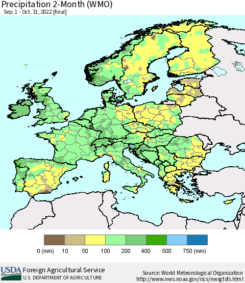 Europe Precipitation 2-Month (WMO) Thematic Map For 9/1/2022 - 10/31/2022