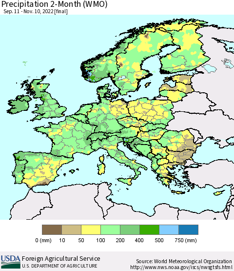 Europe Precipitation 2-Month (WMO) Thematic Map For 9/11/2022 - 11/10/2022