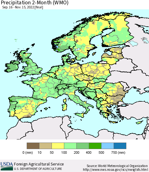 Europe Precipitation 2-Month (WMO) Thematic Map For 9/16/2022 - 11/15/2022