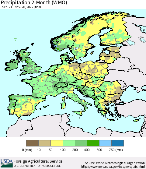 Europe Precipitation 2-Month (WMO) Thematic Map For 9/21/2022 - 11/20/2022