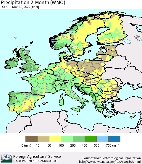 Europe Precipitation 2-Month (WMO) Thematic Map For 10/1/2022 - 11/30/2022