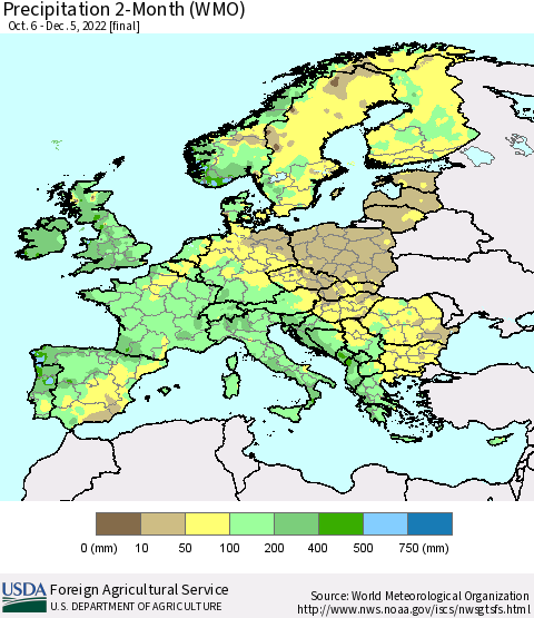Europe Precipitation 2-Month (WMO) Thematic Map For 10/6/2022 - 12/5/2022