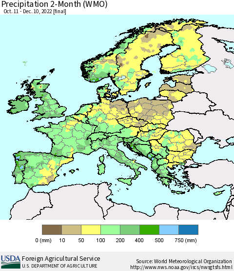 Europe Precipitation 2-Month (WMO) Thematic Map For 10/11/2022 - 12/10/2022