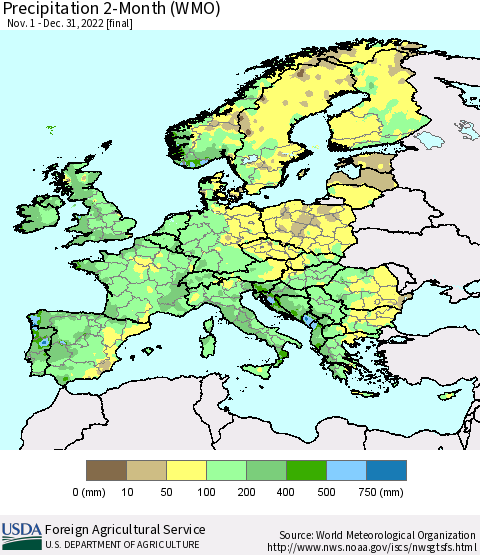 Europe Precipitation 2-Month (WMO) Thematic Map For 11/1/2022 - 12/31/2022