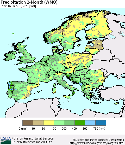 Europe Precipitation 2-Month (WMO) Thematic Map For 11/16/2022 - 1/15/2023