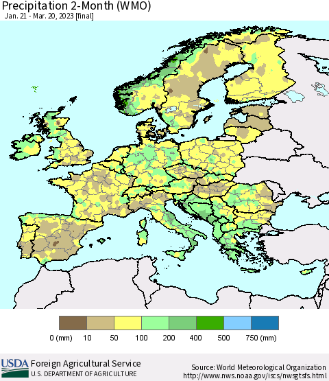 Europe Precipitation 2-Month (WMO) Thematic Map For 1/21/2023 - 3/20/2023