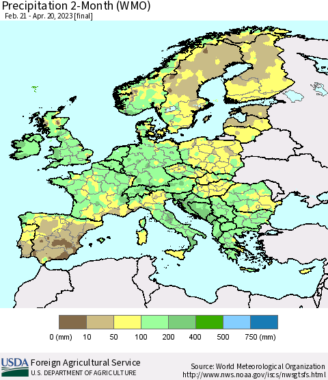 Europe Precipitation 2-Month (WMO) Thematic Map For 2/21/2023 - 4/20/2023