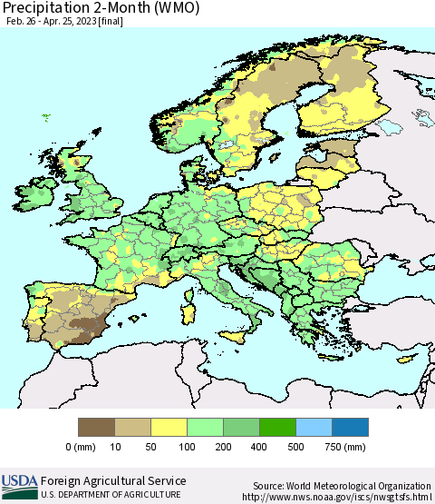 Europe Precipitation 2-Month (WMO) Thematic Map For 2/26/2023 - 4/25/2023