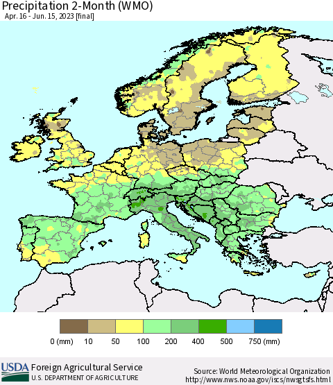 Europe Precipitation 2-Month (WMO) Thematic Map For 4/16/2023 - 6/15/2023
