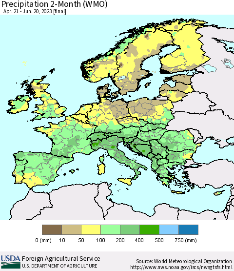 Europe Precipitation 2-Month (WMO) Thematic Map For 4/21/2023 - 6/20/2023