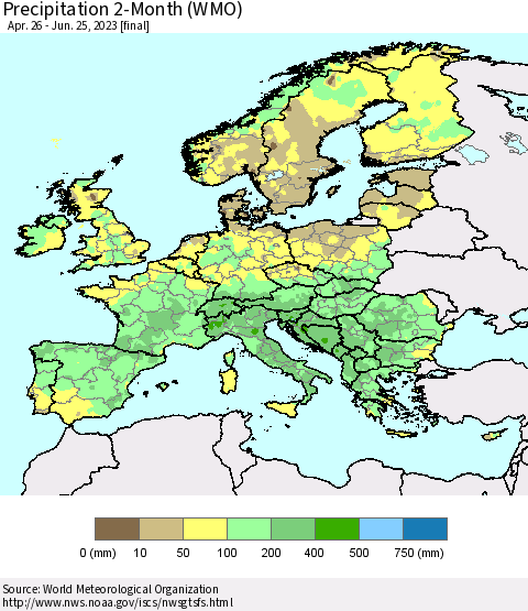 Europe Precipitation 2-Month (WMO) Thematic Map For 4/26/2023 - 6/25/2023
