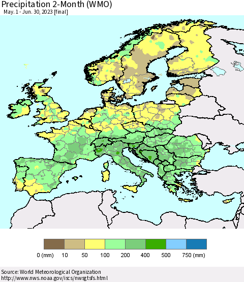 Europe Precipitation 2-Month (WMO) Thematic Map For 5/1/2023 - 6/30/2023
