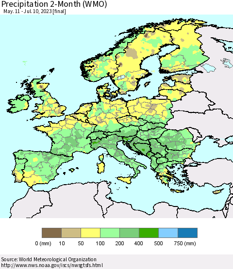 Europe Precipitation 2-Month (WMO) Thematic Map For 5/11/2023 - 7/10/2023