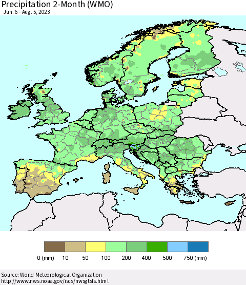 Europe Precipitation 2-Month (WMO) Thematic Map For 6/6/2023 - 8/5/2023