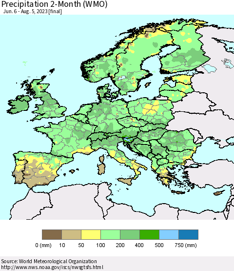 Europe Precipitation 2-Month (WMO) Thematic Map For 6/6/2023 - 8/5/2023