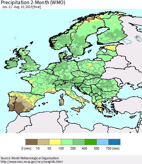 Europe Precipitation 2-Month (WMO) Thematic Map For 6/11/2023 - 8/10/2023