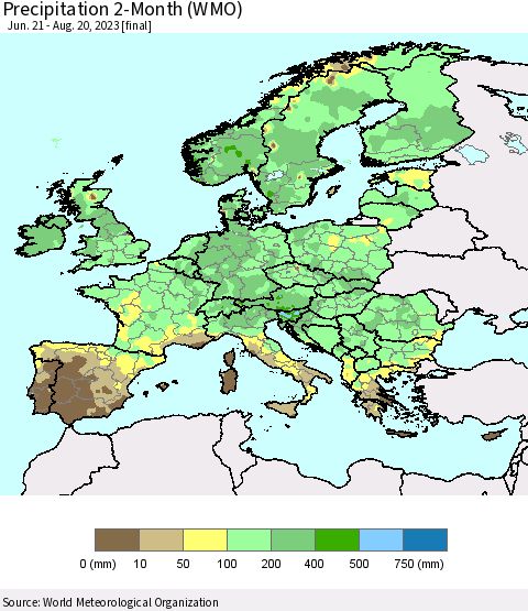 Europe Precipitation 2-Month (WMO) Thematic Map For 6/21/2023 - 8/20/2023