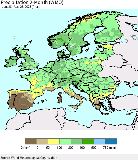 Europe Precipitation 2-Month (WMO) Thematic Map For 6/26/2023 - 8/25/2023