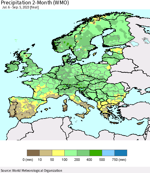 Europe Precipitation 2-Month (WMO) Thematic Map For 7/6/2023 - 9/5/2023