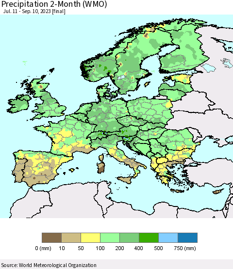 Europe Precipitation 2-Month (WMO) Thematic Map For 7/11/2023 - 9/10/2023