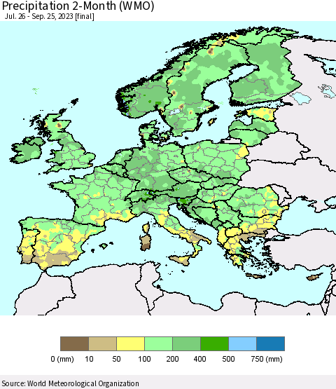Europe Precipitation 2-Month (WMO) Thematic Map For 7/26/2023 - 9/25/2023