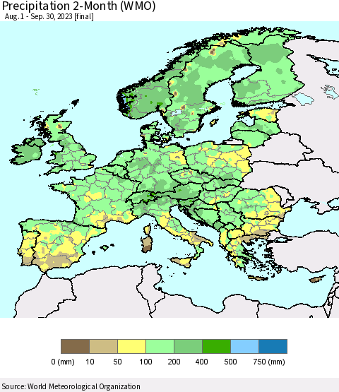 Europe Precipitation 2-Month (WMO) Thematic Map For 8/1/2023 - 9/30/2023