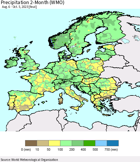 Europe Precipitation 2-Month (WMO) Thematic Map For 8/6/2023 - 10/5/2023