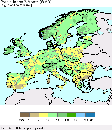 Europe Precipitation 2-Month (WMO) Thematic Map For 8/11/2023 - 10/10/2023