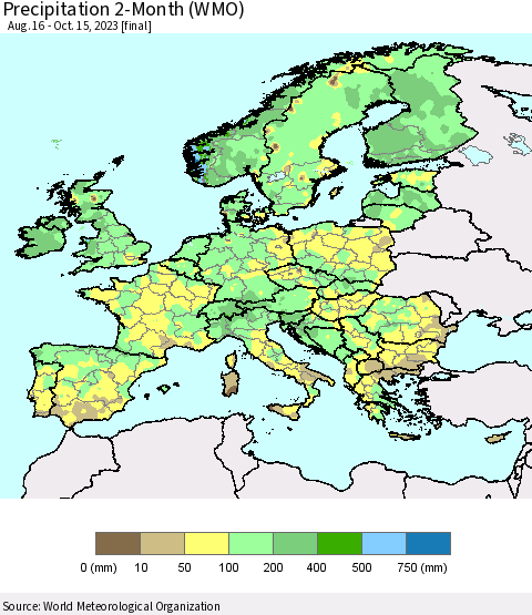 Europe Precipitation 2-Month (WMO) Thematic Map For 8/16/2023 - 10/15/2023