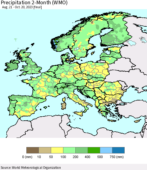 Europe Precipitation 2-Month (WMO) Thematic Map For 8/21/2023 - 10/20/2023