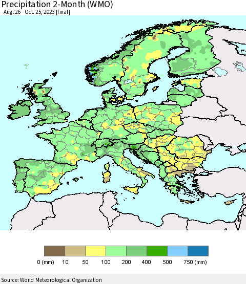 Europe Precipitation 2-Month (WMO) Thematic Map For 8/26/2023 - 10/25/2023