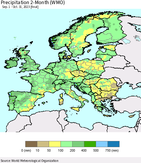 Europe Precipitation 2-Month (WMO) Thematic Map For 9/1/2023 - 10/31/2023